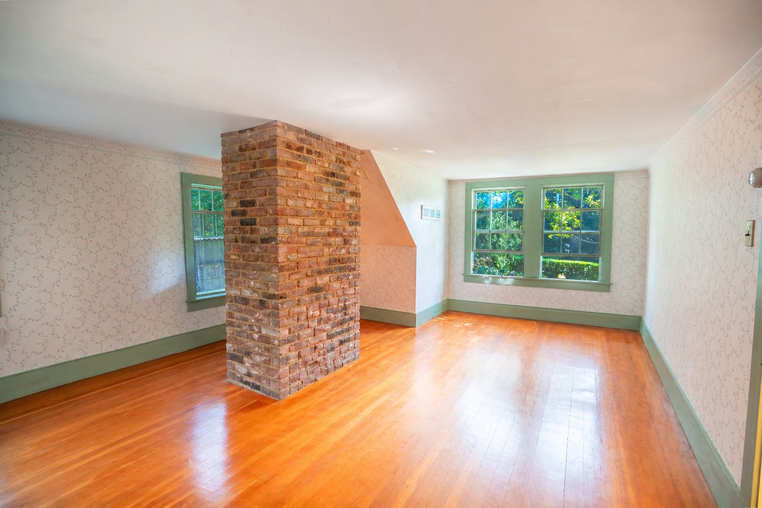 Brick chimney bedroom — as it stands today