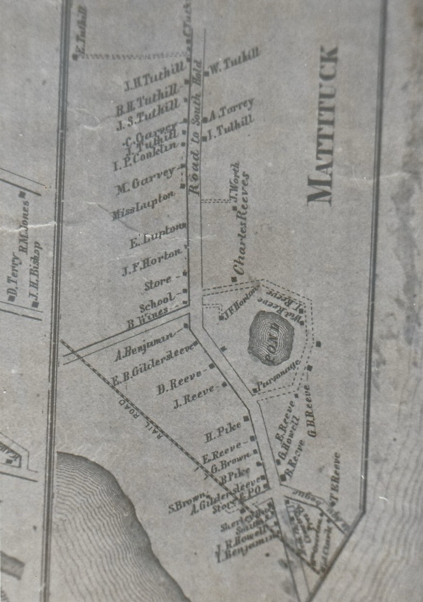 1858 map of Mattituck showing Reeve family parcels along Reeve Avenue