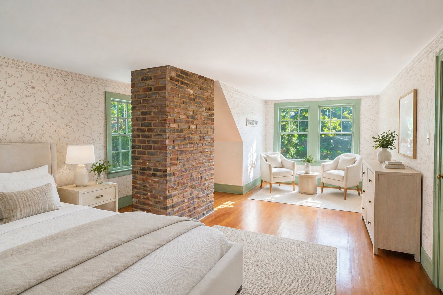 Brick chimney bedroom — reimagined